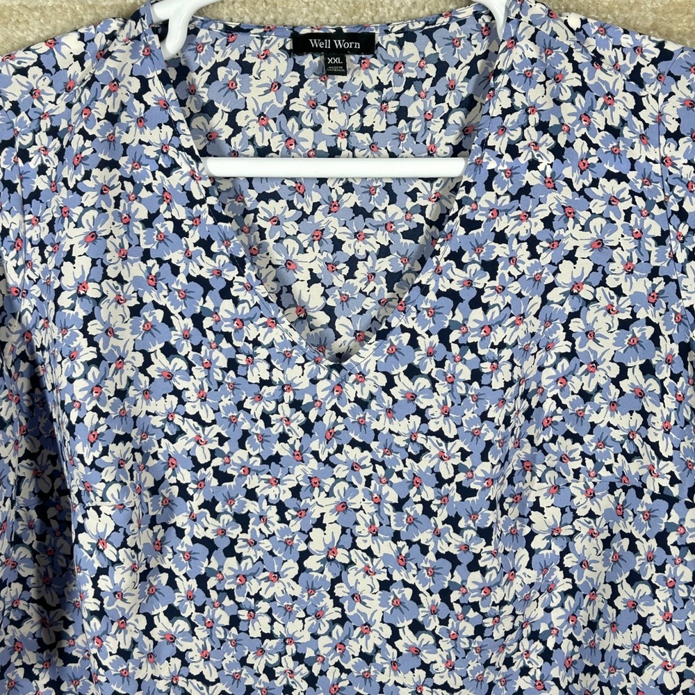 Well Worn Womens Boho Floral V-Neck Tie Sleeve Blouse Top Blue XXL Keely22-02